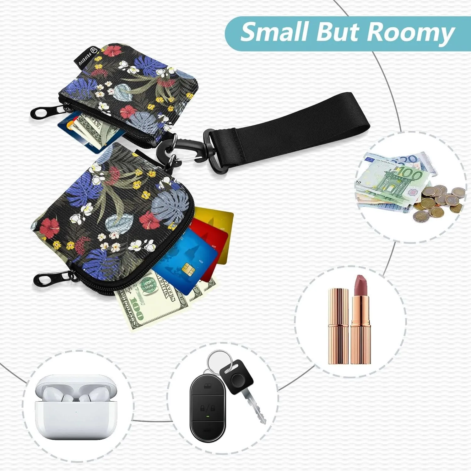 Mini Zip Around Wristlet Keychain Wallet Detachable Dual Pouch Card Cases Portable Coin Purse for Women Men,pattern 2