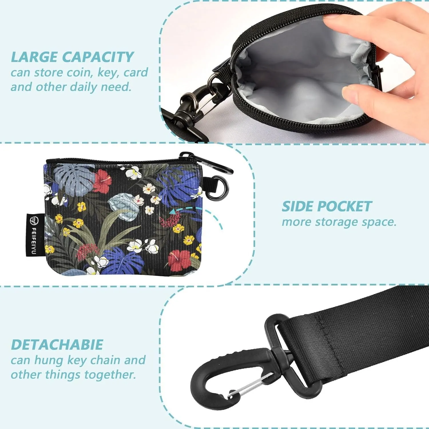 Mini Zip Around Wristlet Keychain Wallet Detachable Dual Pouch Card Cases Portable Coin Purse for Women Men,pattern 2