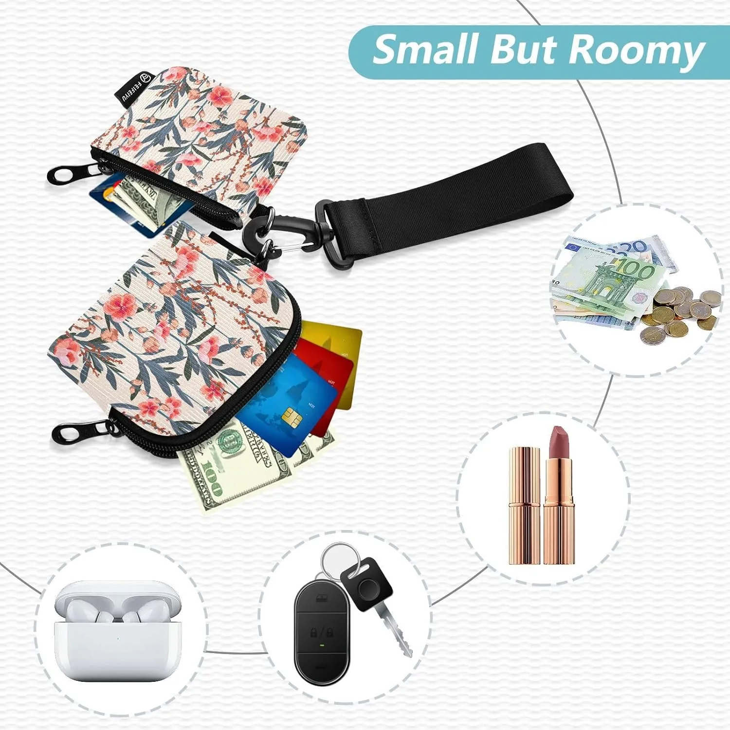 Mini Zip Around Wristlet Keychain Wallet Detachable Dual Pouch Card Cases Portable Coin Purse for Women Men,pattern 3