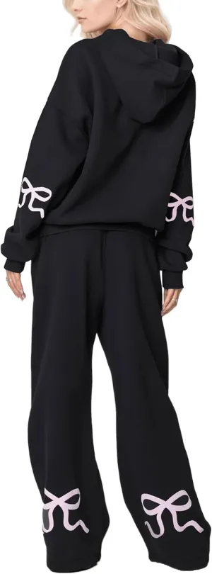 MISSACTIVER Women's 2 Piece Sweatsuits Outfits Bow Trim Graphic Hoodie Oversized Sweatshirt Jogger Sweatpants Tracksuit Set