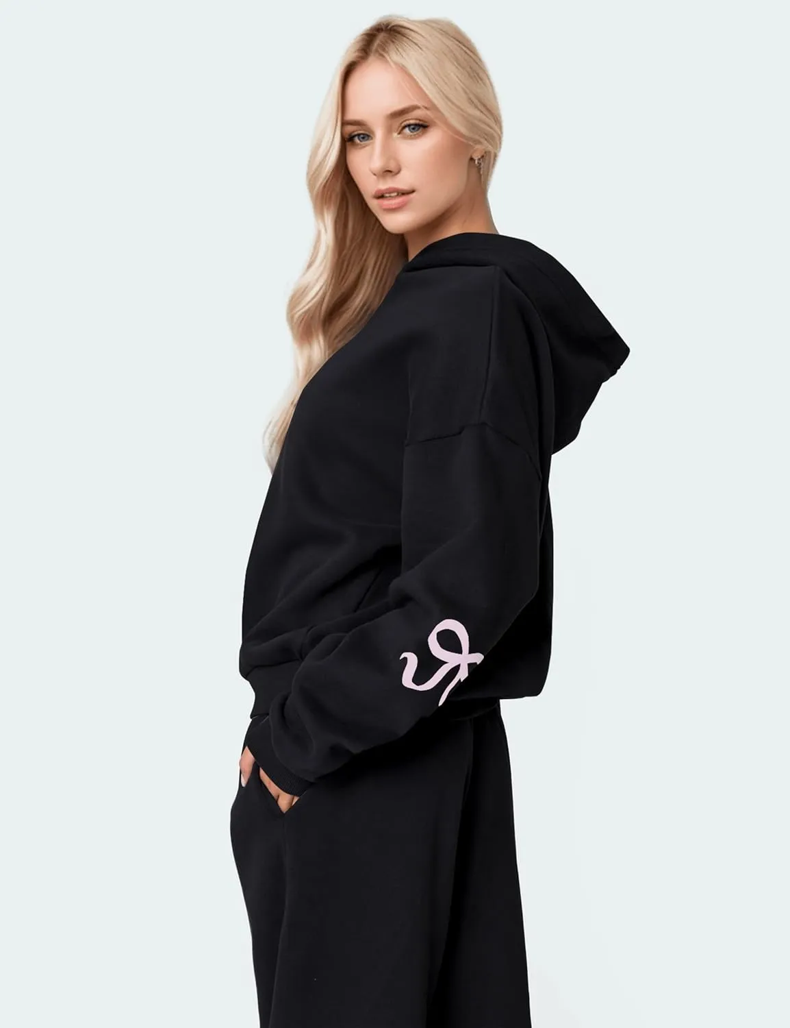 MISSACTIVER Women's 2 Piece Sweatsuits Outfits Bow Trim Graphic Hoodie Oversized Sweatshirt Jogger Sweatpants Tracksuit Set