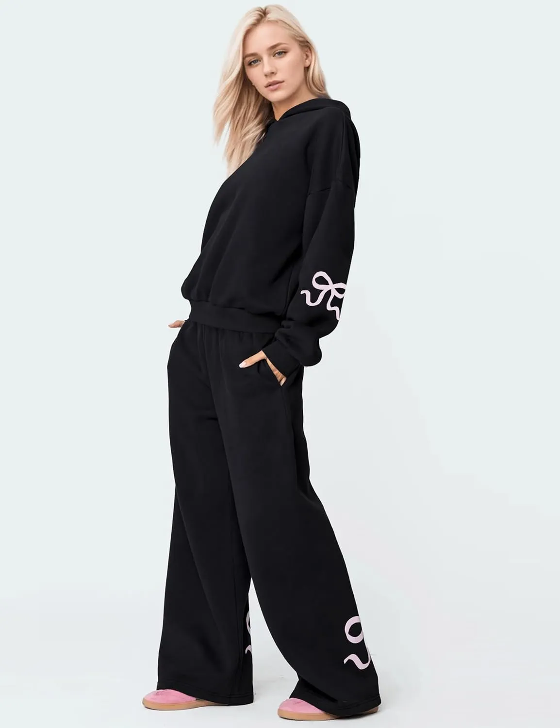 MISSACTIVER Women's 2 Piece Sweatsuits Outfits Bow Trim Graphic Hoodie Oversized Sweatshirt Jogger Sweatpants Tracksuit Set