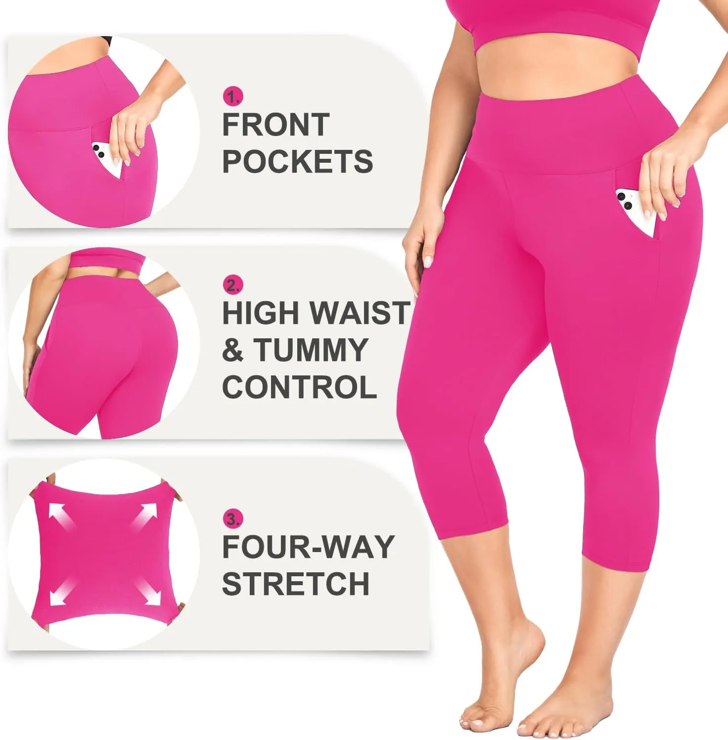MOREFEEL Capri Plus Size Leggings for Women with Pockets-Stretchy XL-4XL Tummy Control High Waist Workout Black Yoga Pants
