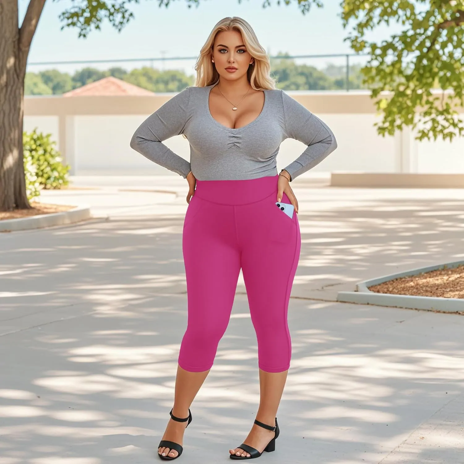 MOREFEEL Capri Plus Size Leggings for Women with Pockets-Stretchy XL-4XL Tummy Control High Waist Workout Black Yoga Pants