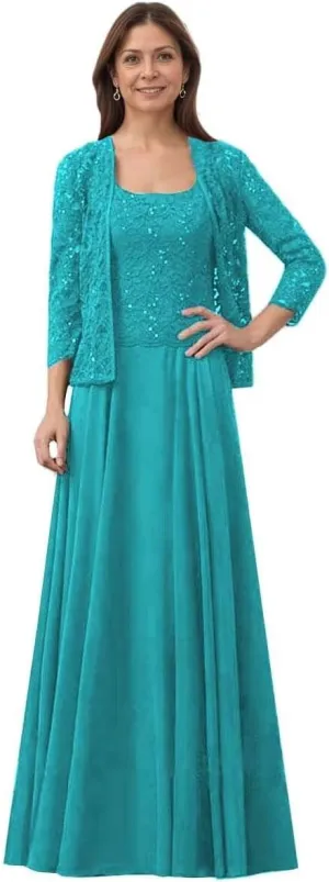 Mother of The Bride Dresses for Wedding 2 PCS Mother of The Groom Dresses with Jackets Laces Chiffon Wedding Guest Dress