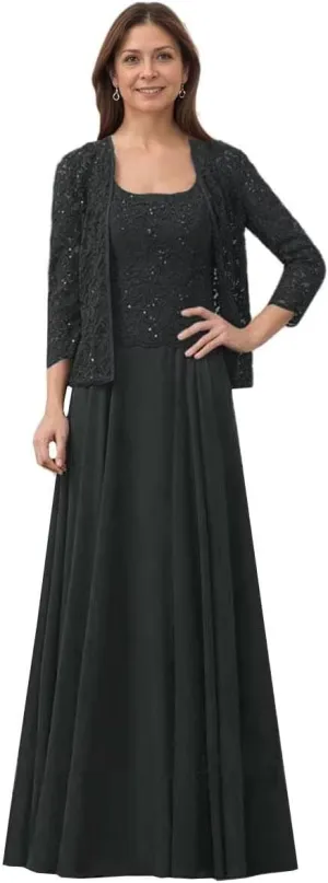 Mother of The Bride Dresses for Wedding 2 PCS Mother of The Groom Dresses with Jackets Laces Chiffon Wedding Guest Dress