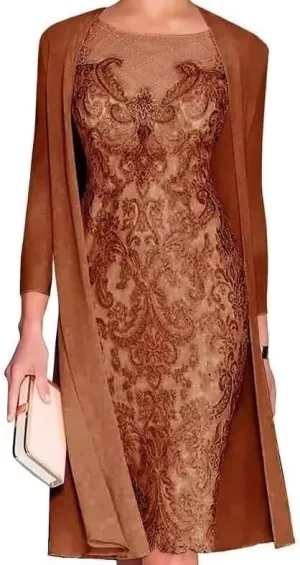 Mother of The Bride Dresses with Jackets Women's Tea Length Lace Chiffon Wedding Guest Dress 2 Pieces Evening Gowns LVY007