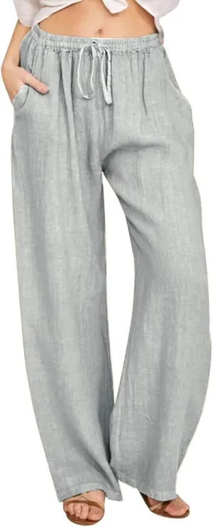 MRGIINRI Womens Cotton Linen Pants 2024 Summer Wide Leg Casual Loose Drawstring High Waist Palazzo Pants Trousers with Pocket