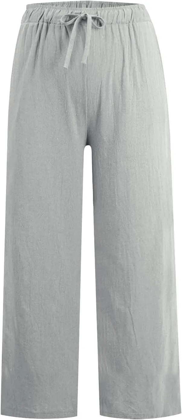 MRGIINRI Womens Cotton Linen Pants 2024 Summer Wide Leg Casual Loose Drawstring High Waist Palazzo Pants Trousers with Pocket