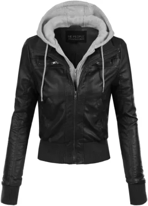 NE PEOPLE Women's Premium Fitted faux leather Zip Up Moto Jacket