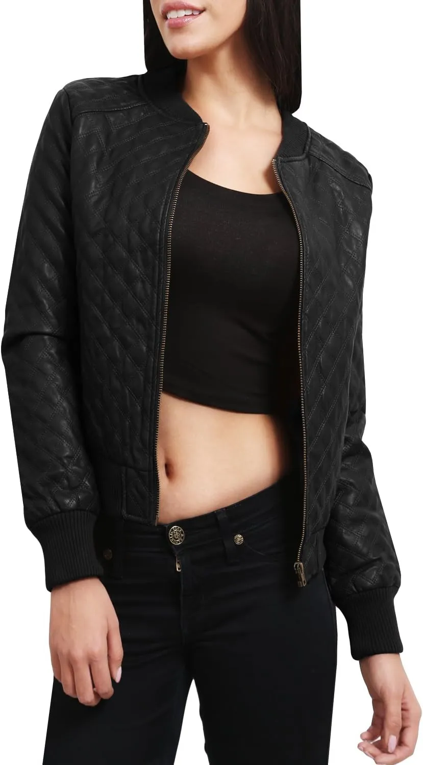 NE PEOPLE Women's Premium Fitted faux leather Zip Up Moto Jacket