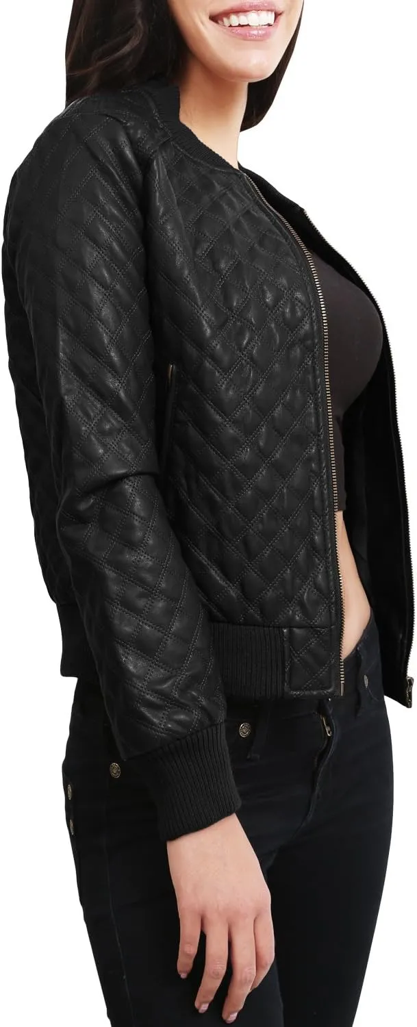 NE PEOPLE Women's Premium Fitted faux leather Zip Up Moto Jacket