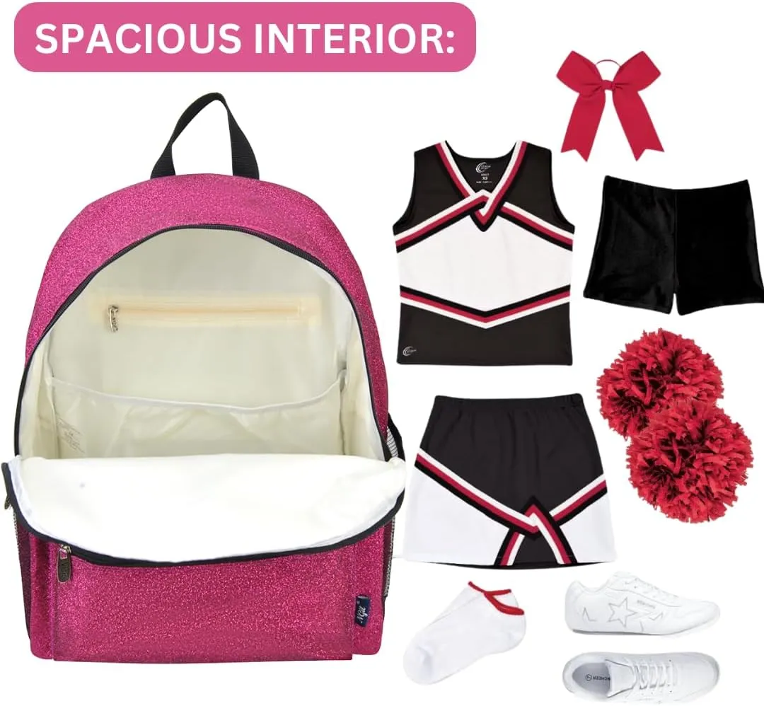 NGIL Large Glitter Cheer Backpack for Competitions, Dance, and Practice  Cheerleading Bag with Accessories Storage, Sparkle Bookbag for Cheerleaders, Coaches, and Competition Gear (Glitter-Hot Pink)