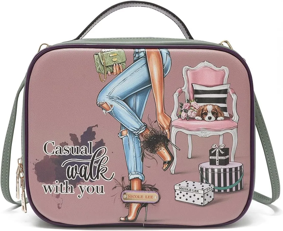 Nicole Lee Travel Handbag Crossbody Set with 3 Fashion Print Makeup Pouches, Women's Cosmetic Toiletry Organizer (Casual Walk)