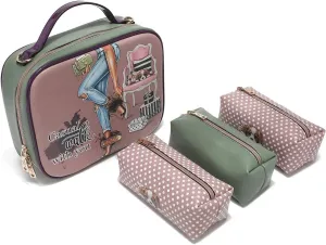 Nicole Lee Travel Handbag Crossbody Set with 3 Fashion Print Makeup Pouches, Women's Cosmetic Toiletry Organizer (Casual Walk)