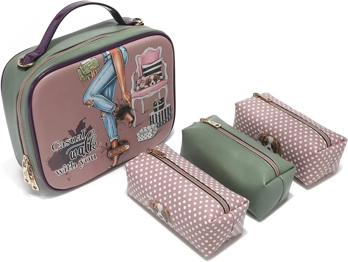 Nicole Lee Travel Handbag Crossbody Set with 3 Fashion Print Makeup Pouches, Women's Cosmetic Toiletry Organizer (Casual Walk)