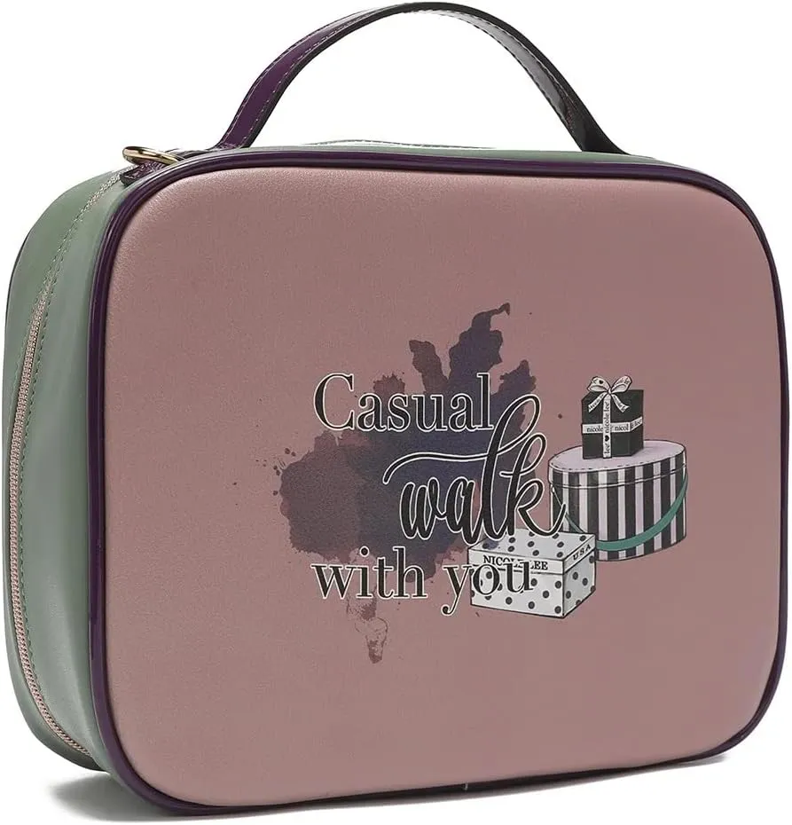 Nicole Lee Travel Handbag Crossbody Set with 3 Fashion Print Makeup Pouches, Women's Cosmetic Toiletry Organizer (Casual Walk)