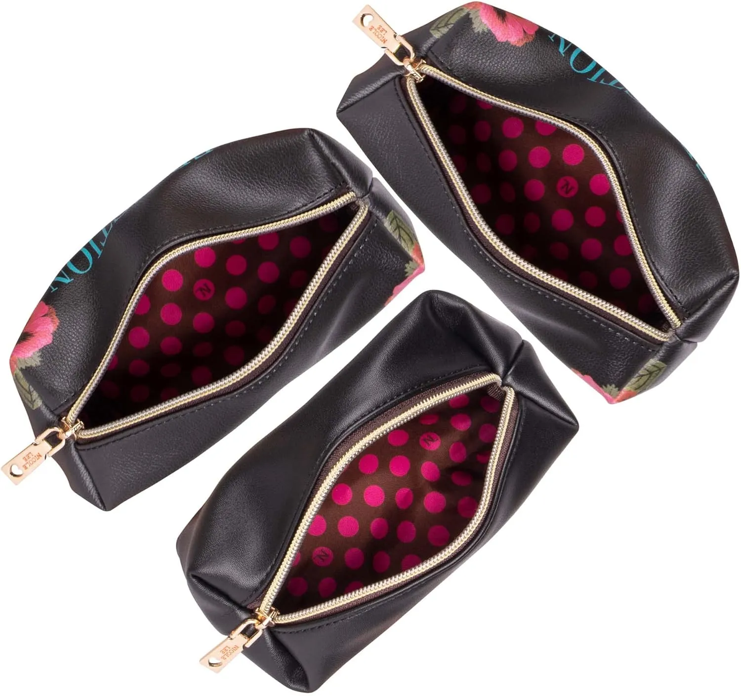 Nicole Lee Travel Handbag Crossbody Set with 3 Fashion Print Makeup Pouches, Women's Cosmetic Toiletry Organizer (Love Me Half)