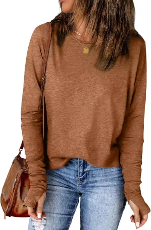 OFEEFAN Long Sleeve Shirts for Women Tunic Tops Thumb Hole Oversized Tshirts Fall Outfits