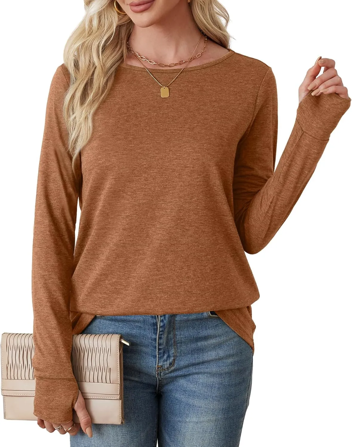 OFEEFAN Long Sleeve Shirts for Women Tunic Tops Thumb Hole Oversized Tshirts Fall Outfits