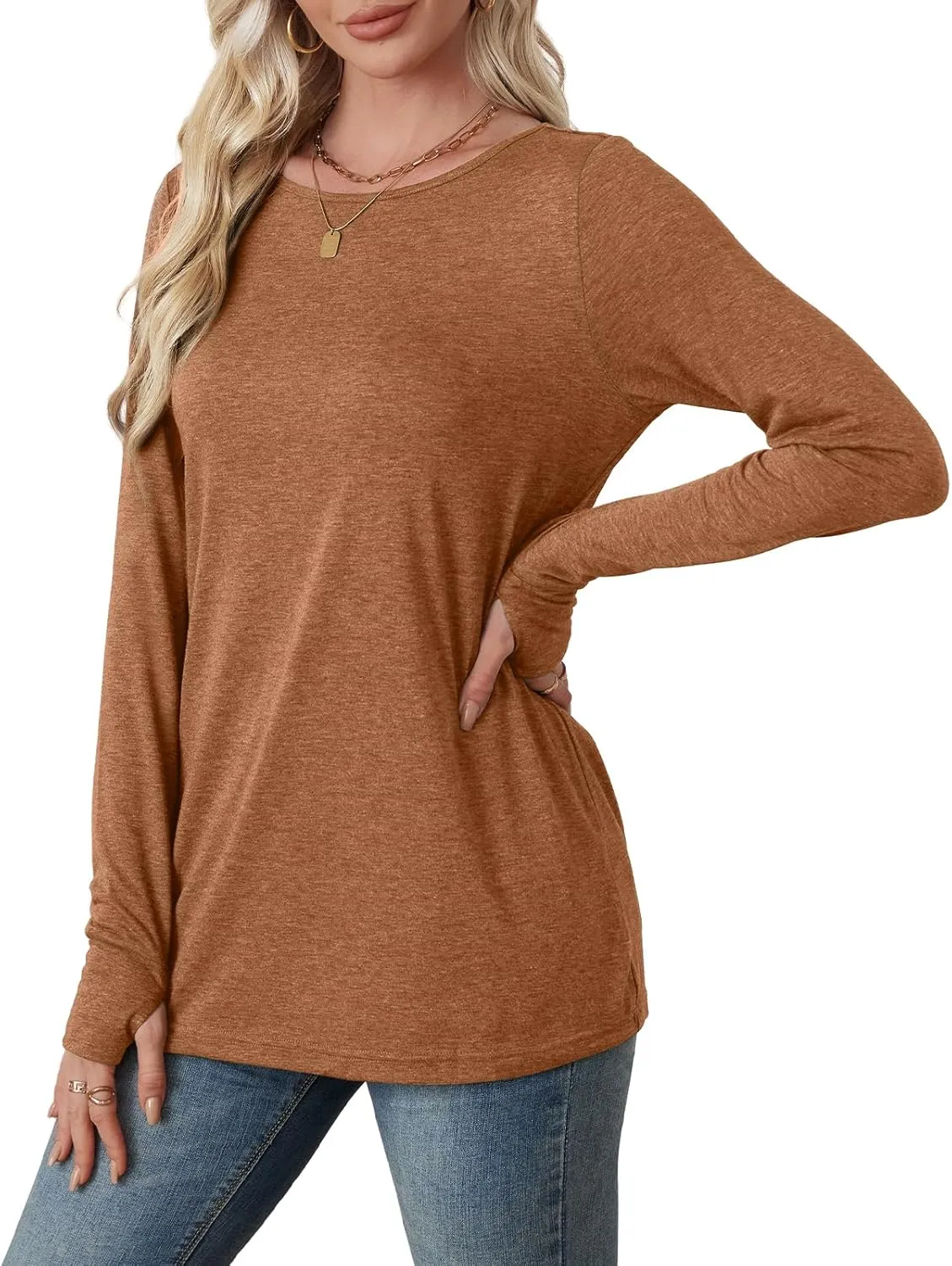 OFEEFAN Long Sleeve Shirts for Women Tunic Tops Thumb Hole Oversized Tshirts Fall Outfits