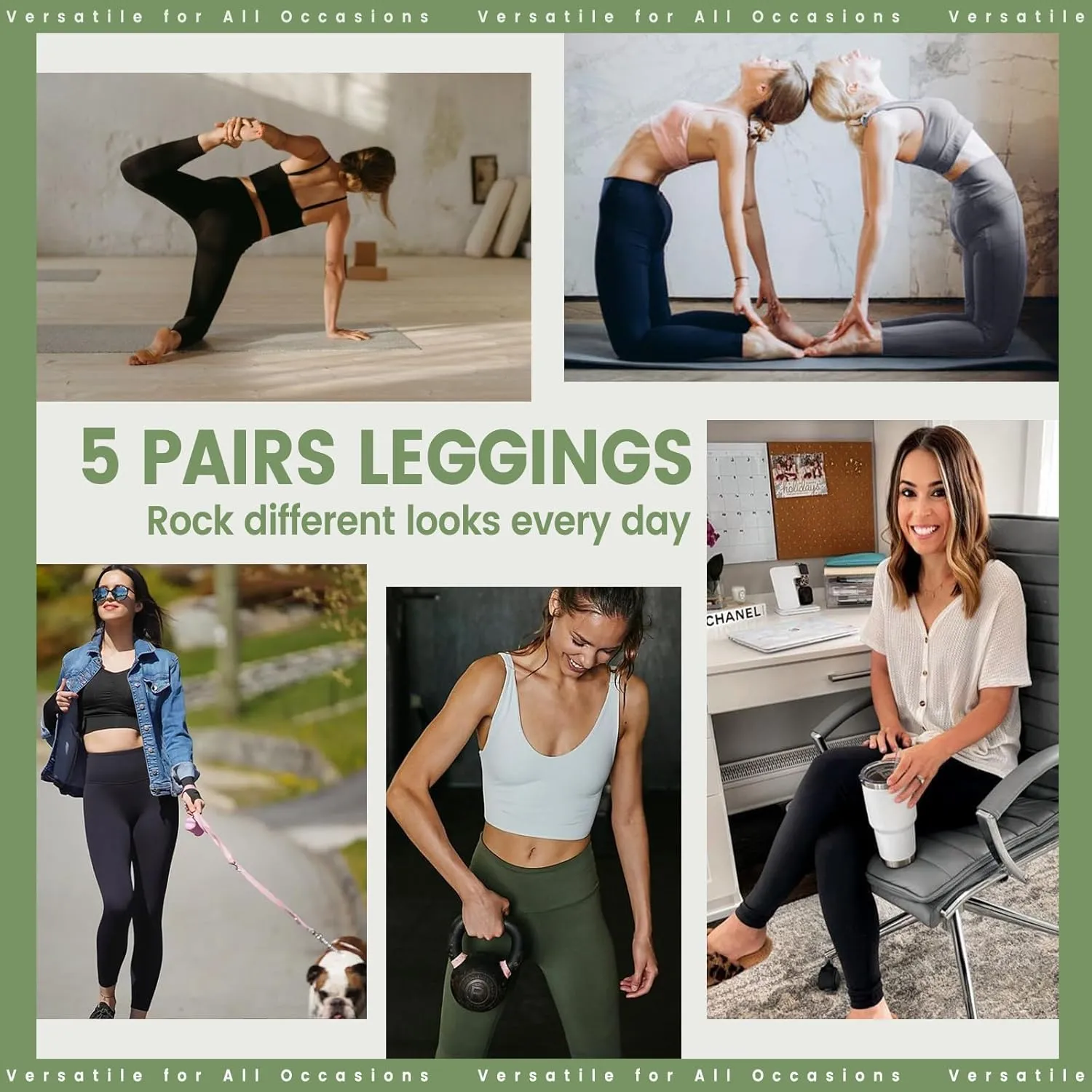 Opuntia 5 Pack Leggings for Women - High Waisted Tummy Control Soft Black Yoga Pants for Workout Athletic Gym Running