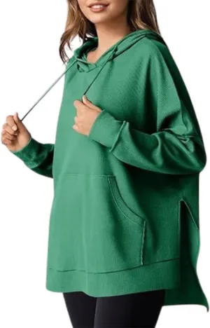 Oversized Hoodies for Women,Waffle Casual Long Sleeve Knit Drawstring Side Slit Pullover Sweatshirts with Pocket