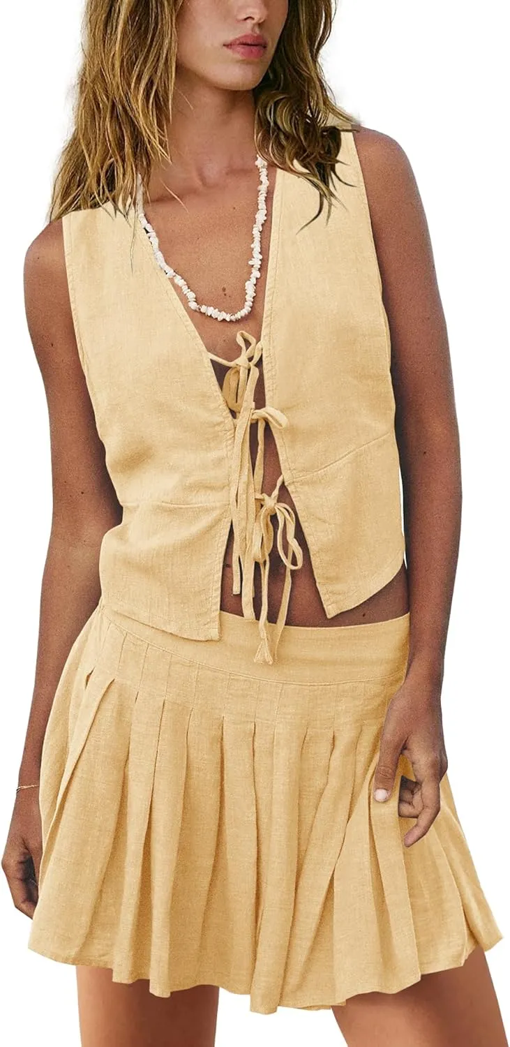 Panadila Womens 2 Piece Skirt Sets Beach Linen Set Tie Front Vest Top and Pleated Skirts Matching Outfits