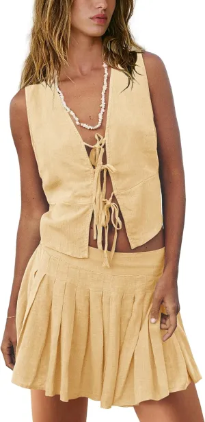 Panadila Womens 2 Piece Skirt Sets Beach Linen Set Tie Front Vest Top and Pleated Skirts Matching Outfits