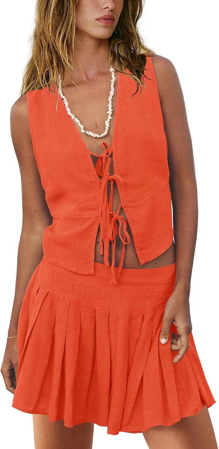 Panadila Womens 2 Piece Skirt Sets Beach Linen Set Tie Front Vest Top and Pleated Skirts Matching Outfits