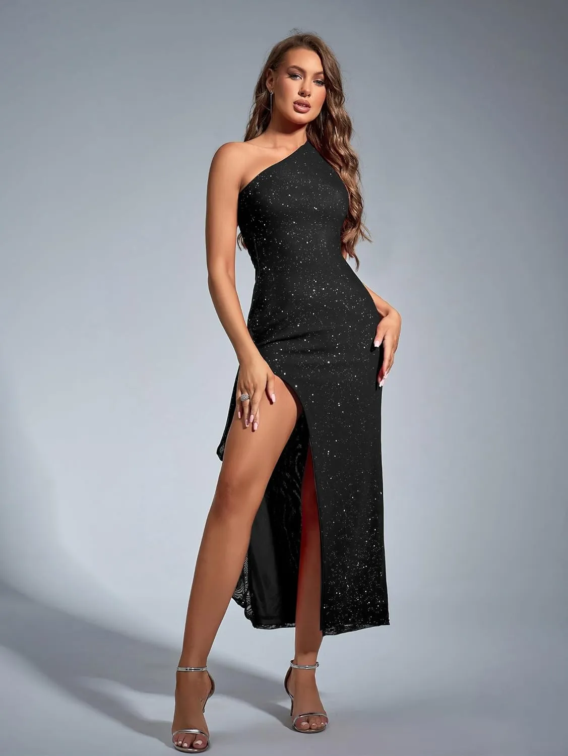 Parthea Women's Elegant One Shoulder Long Formal Sparkly Dresses Sequin High Split Evening Wedding Guest Party Maxi Dress