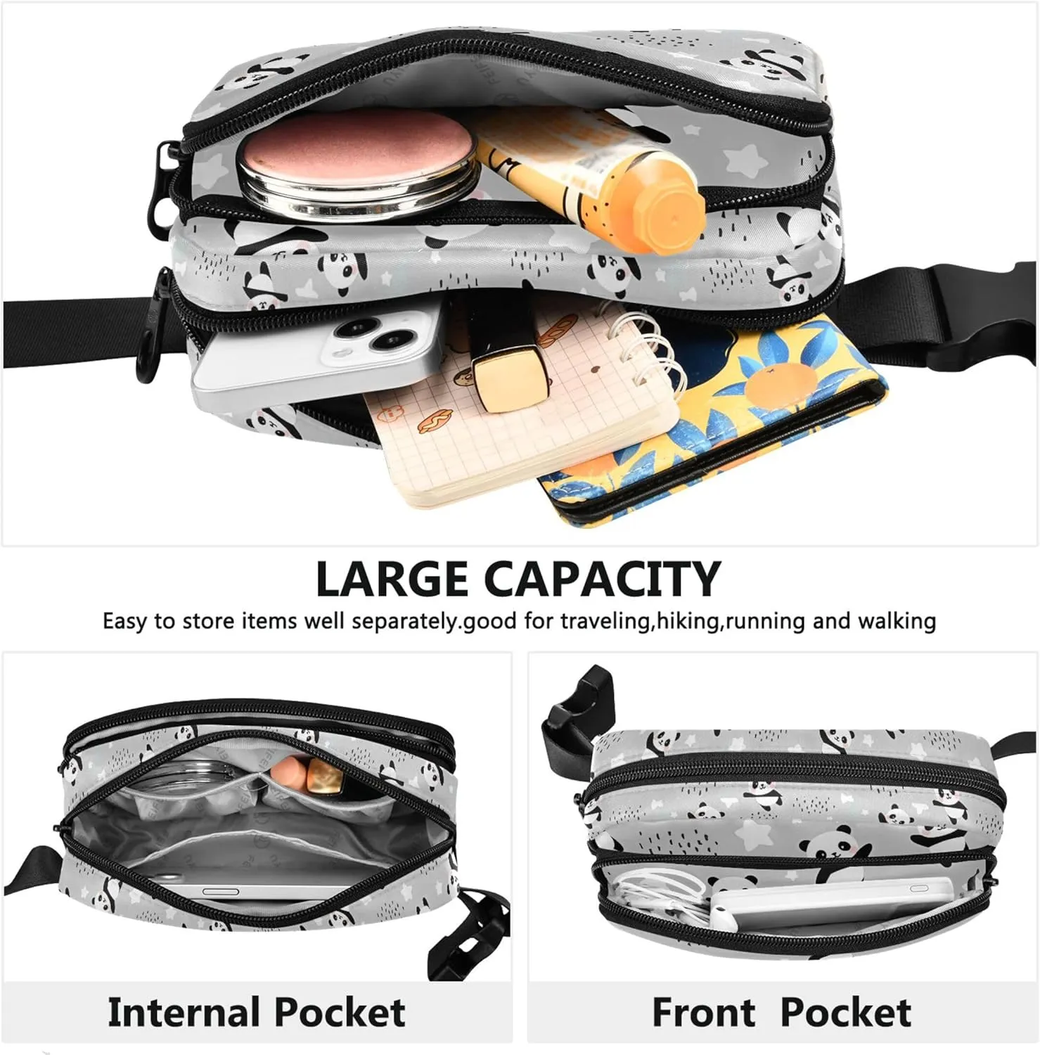Personalized Cute Panda Grey Women Fanny Packs Fashion Hip Pack Belt Bag Waterproof Waist Pouches for Men