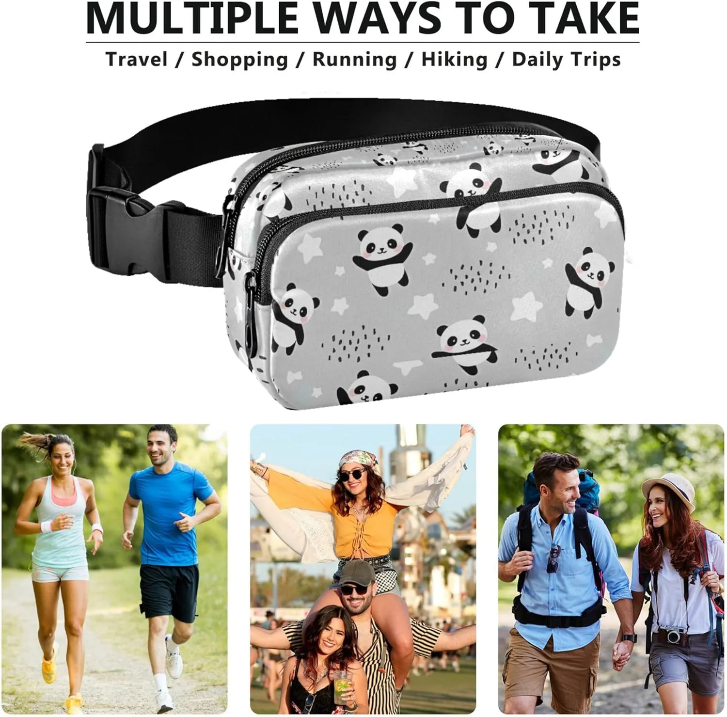 Personalized Cute Panda Grey Women Fanny Packs Fashion Hip Pack Belt Bag Waterproof Waist Pouches for Men