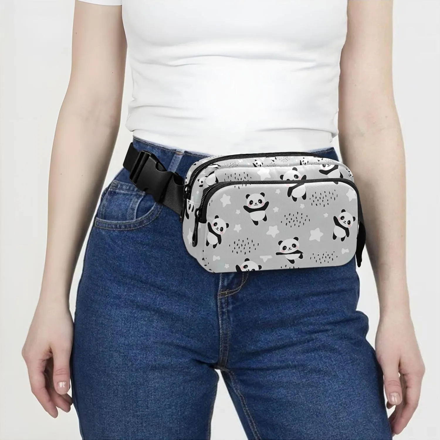 Personalized Cute Panda Grey Women Fanny Packs Fashion Hip Pack Belt Bag Waterproof Waist Pouches for Men