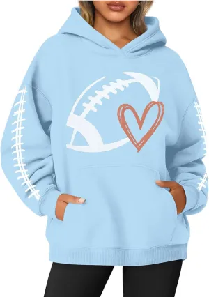 PETYCZEN Hoodies for Women Funny Football Graphic Oversized Sweatshirt Long Sleeve Game Day Rugby Drawstring Pullover Tops