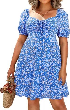 Pinup Fashion Women Plus Size Casual Puff Sleeve Smocked Short Summer Sundress A Line Babydoll Cute Mini Dresses