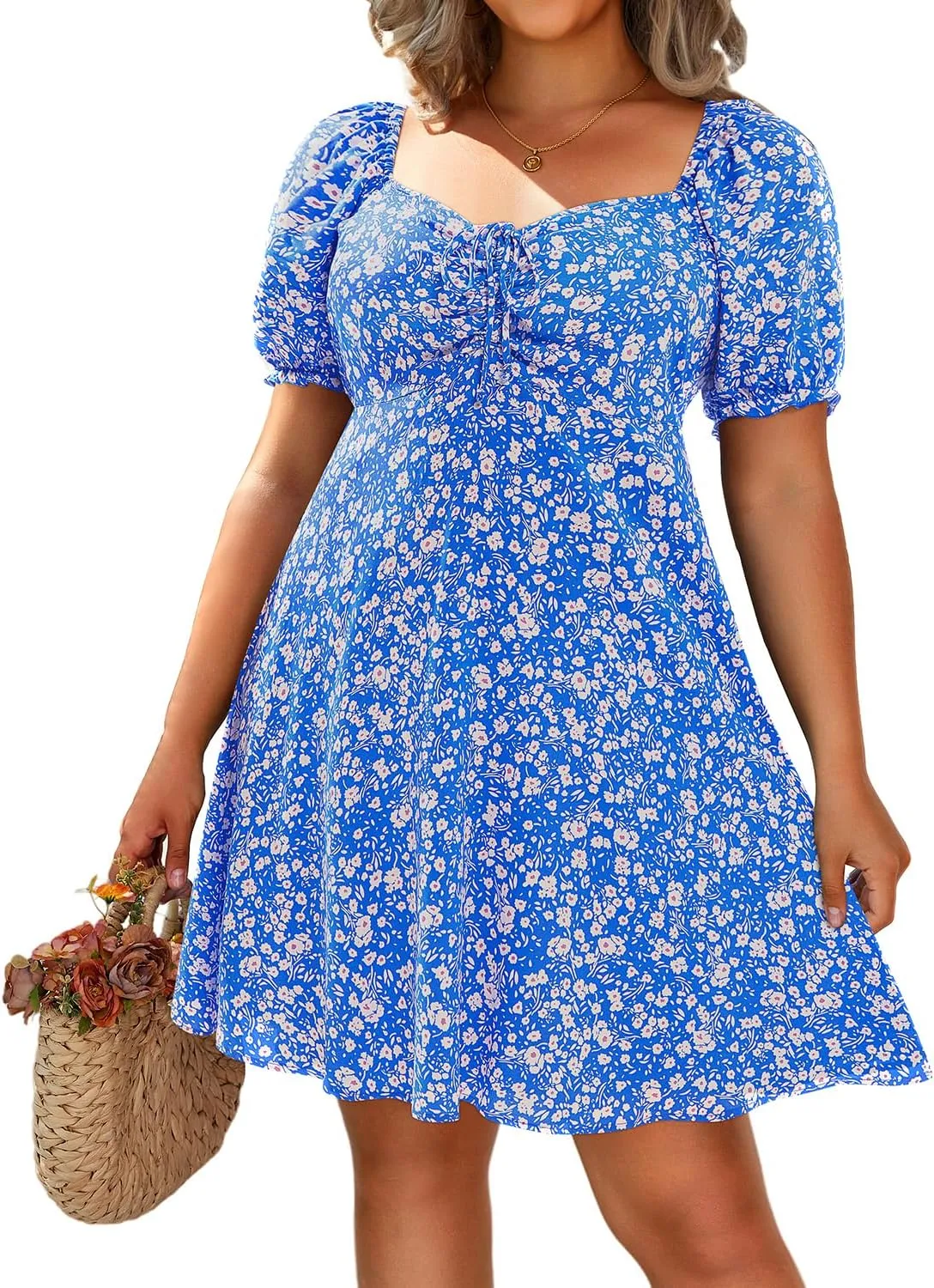 Pinup Fashion Women Plus Size Casual Puff Sleeve Smocked Short Summer Sundress A Line Babydoll Cute Mini Dresses