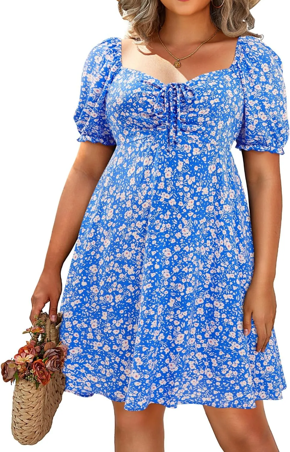 Pinup Fashion Women Plus Size Casual Puff Sleeve Smocked Short Summer Sundress A Line Babydoll Cute Mini Dresses