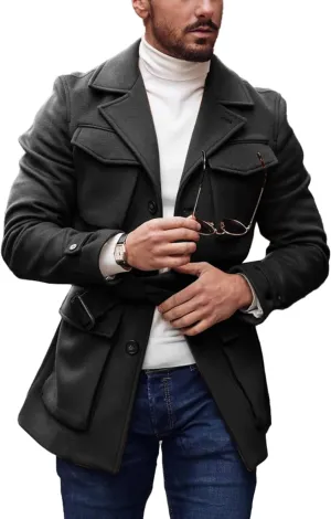Pretifeel Mens Trench Coat Slim Fit Wool Blends Business Lapel Belted Overcoat Winter Casual Peacoat Jacket