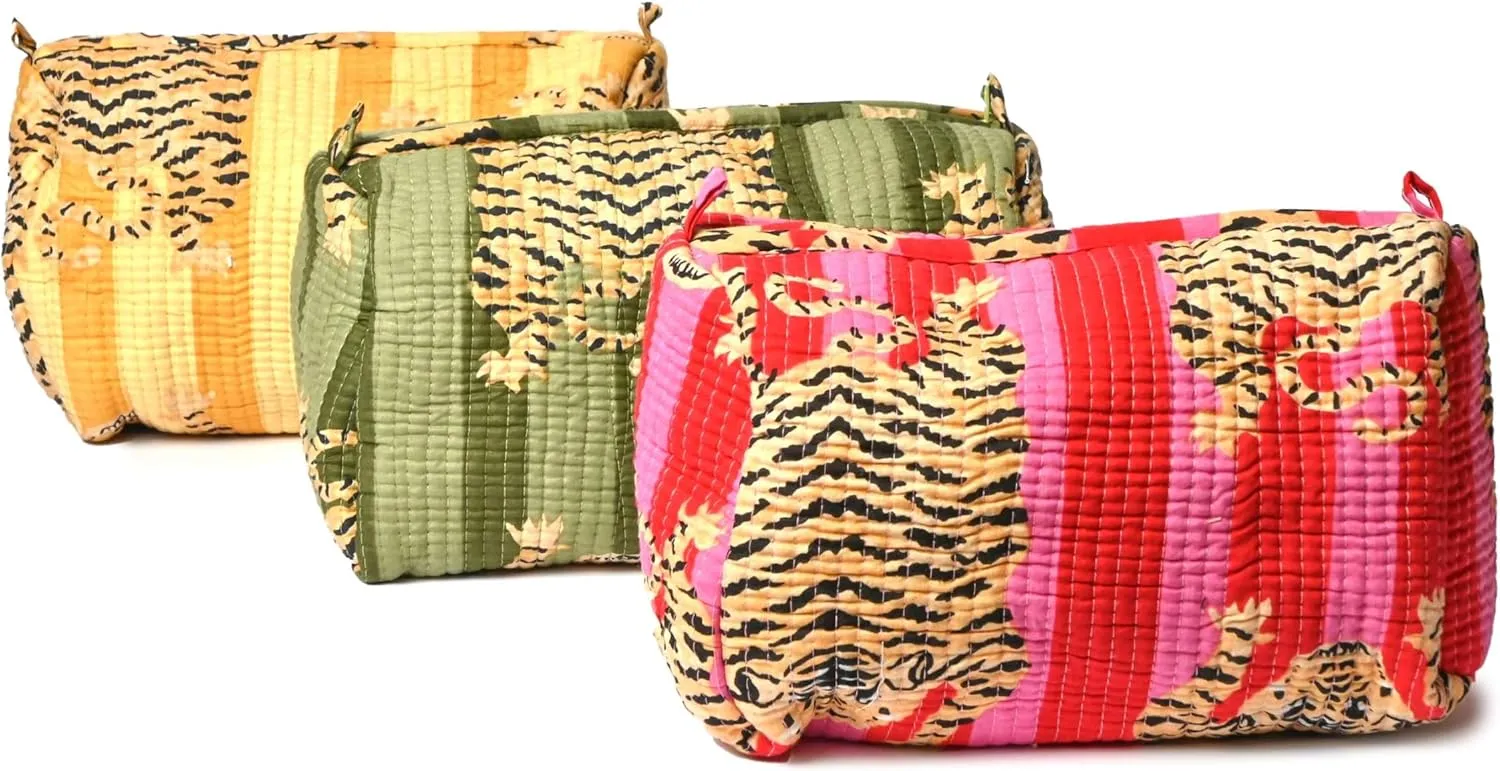 Quilted Cotton Travel Pouch  Handcrafted Cosmetic Bag with Jungle Print