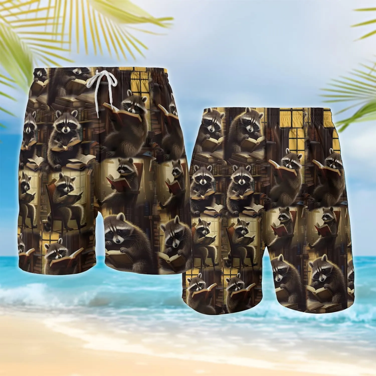 Raccoon Men's Quick Dry - Animal Lover Hawaiian Shorts for Men - Beach Shorts Swim Trunks Set 5 (TND-LN-1)