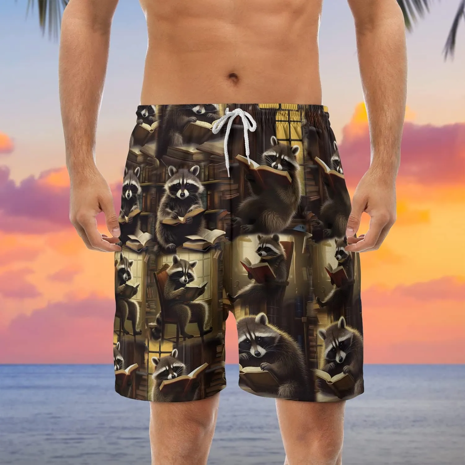 Raccoon Men's Quick Dry - Animal Lover Hawaiian Shorts for Men - Beach Shorts Swim Trunks Set 5 (TND-LN-1)