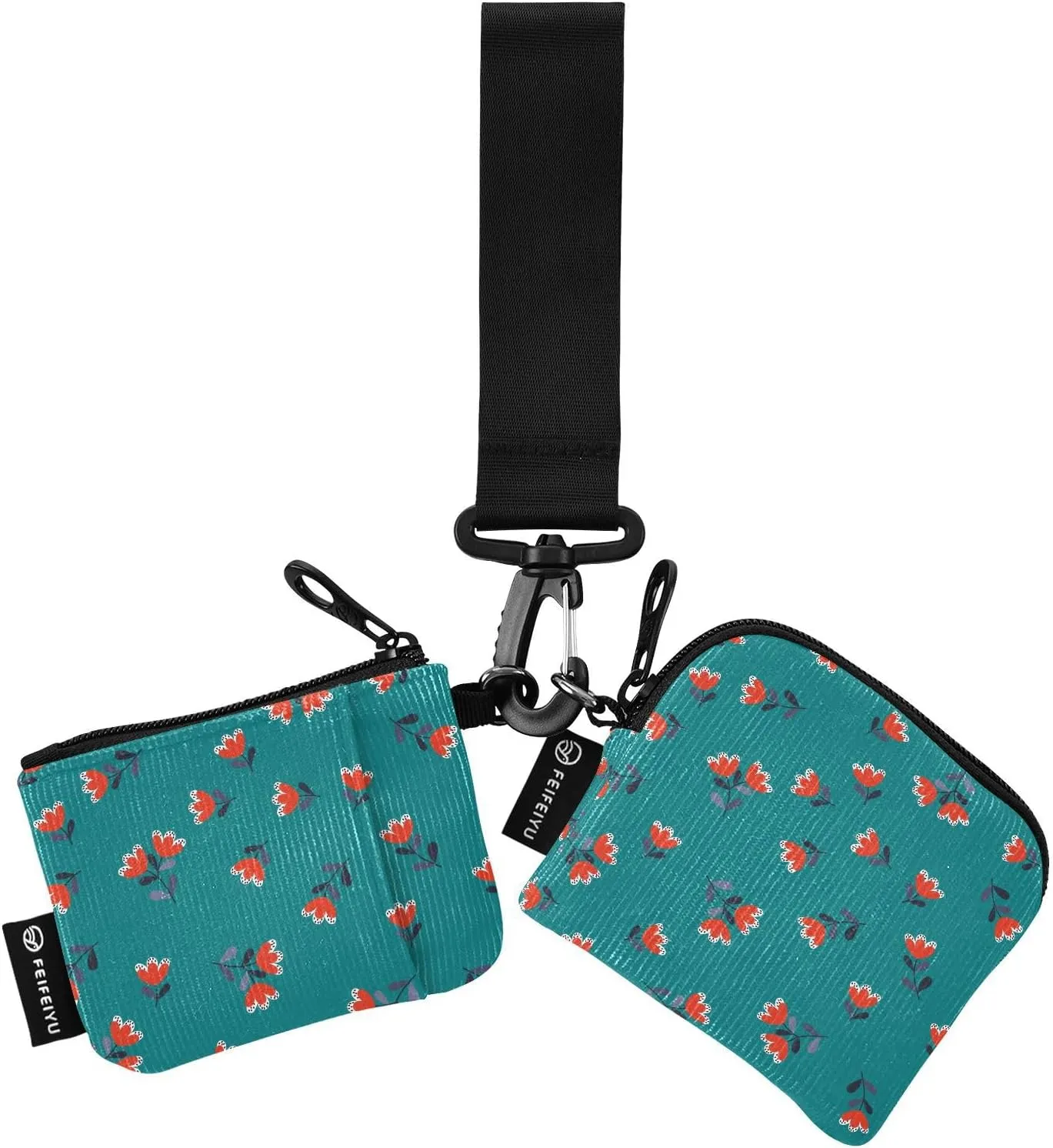 Red Floral Pattern Small Wallet for Women Portable Wristlet Keychain Coin Purse with 2 Zipper Pouches