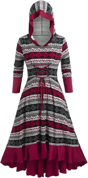 Rosegal Womens Plus Size Hooded Christmas Argyle Elk Pattern Lace-up Ruffled Hem Midi Long Sleeve High Low Knitted Dress