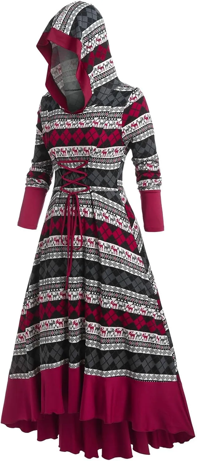 Rosegal Womens Plus Size Hooded Christmas Argyle Elk Pattern Lace-up Ruffled Hem Midi Long Sleeve High Low Knitted Dress