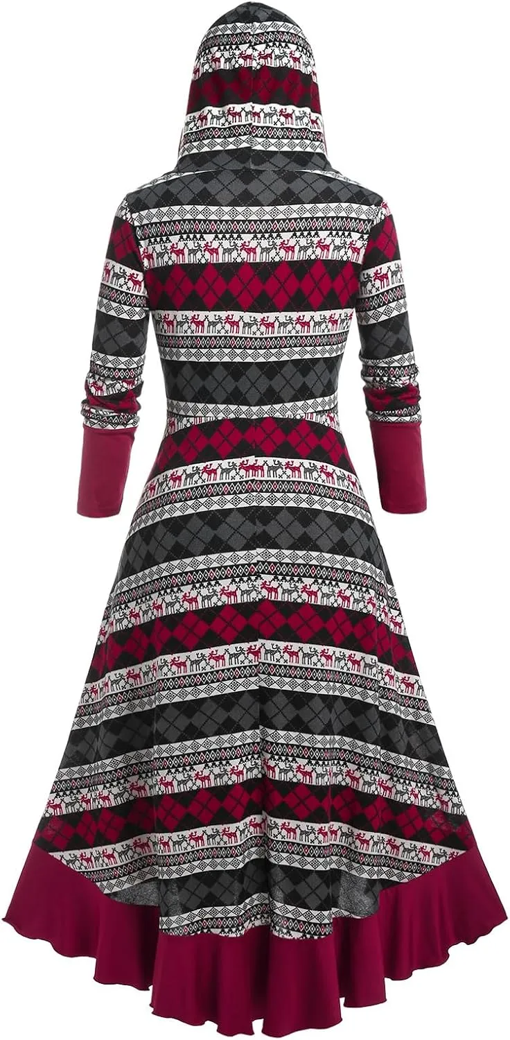 Rosegal Womens Plus Size Hooded Christmas Argyle Elk Pattern Lace-up Ruffled Hem Midi Long Sleeve High Low Knitted Dress