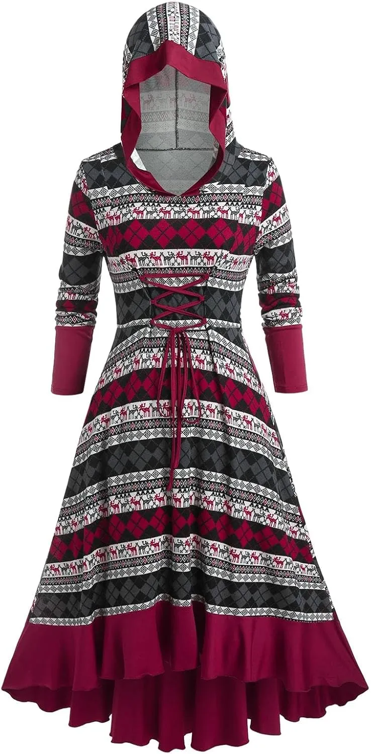 Rosegal Womens Plus Size Hooded Christmas Argyle Elk Pattern Lace-up Ruffled Hem Midi Long Sleeve High Low Knitted Dress