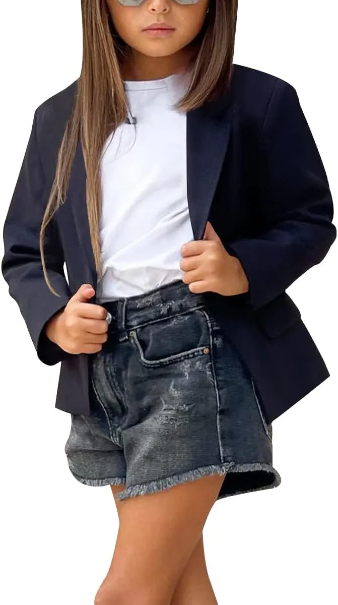 rrhss Girls Solid Color Lapel Suit Coat Button Down Long Seelve Blazer Jacket