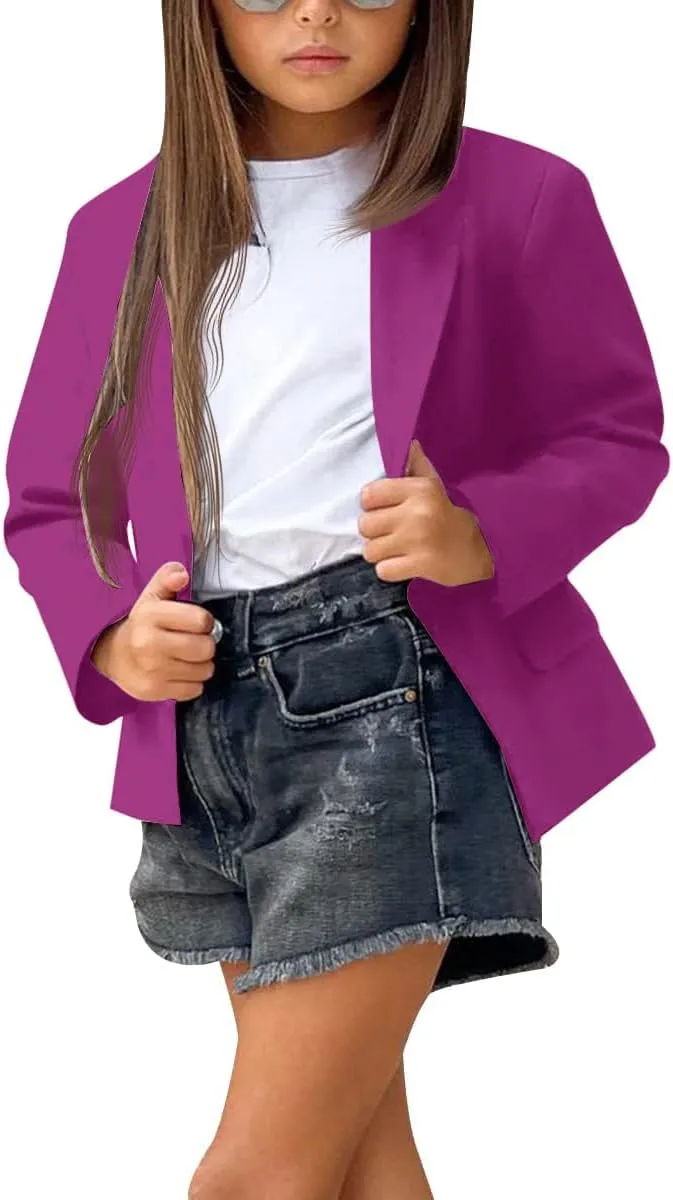 rrhss Girls Solid Color Lapel Suit Coat Button Down Long Seelve Blazer Jacket