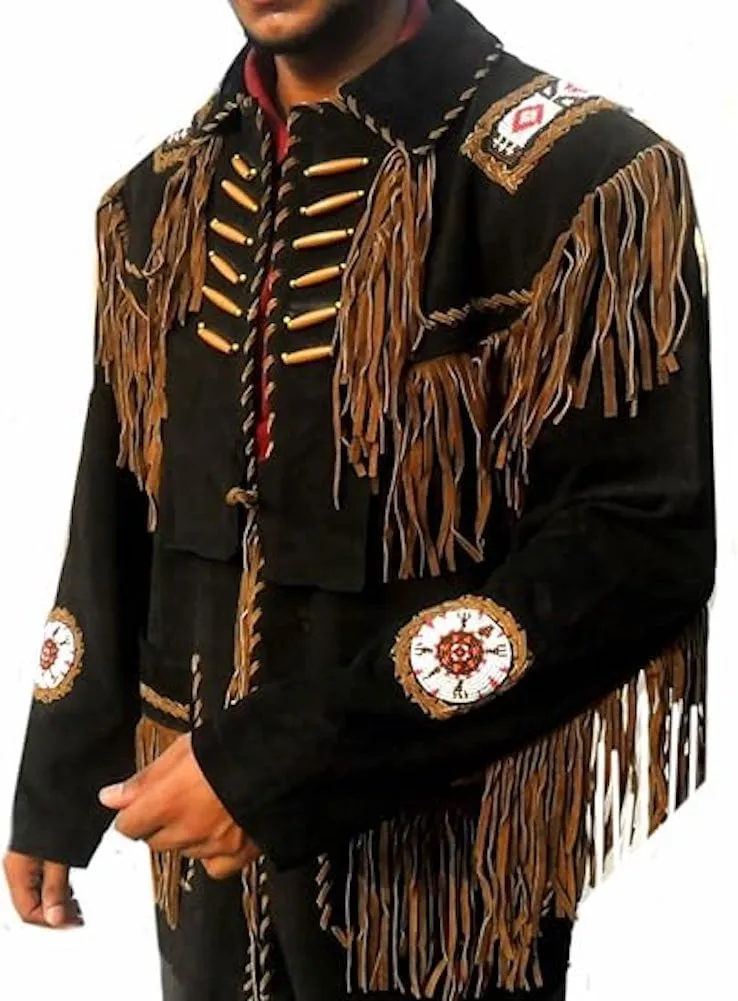 Seasonal Men's Western Suede Leather Jacket with Fringe and Beaded Native American Jacket Black